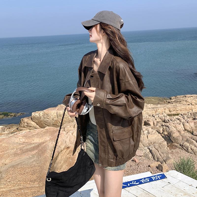 美拉德复古PU皮衣外套女2025春秋新款韩系高级感炸街机车风皮夹克