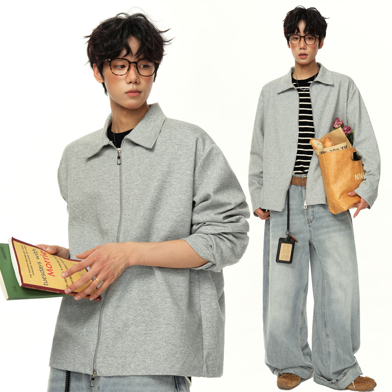 秋季美式休闲时尚潮流ins风宽松纯色长袖卫衣男士百搭上衣外套