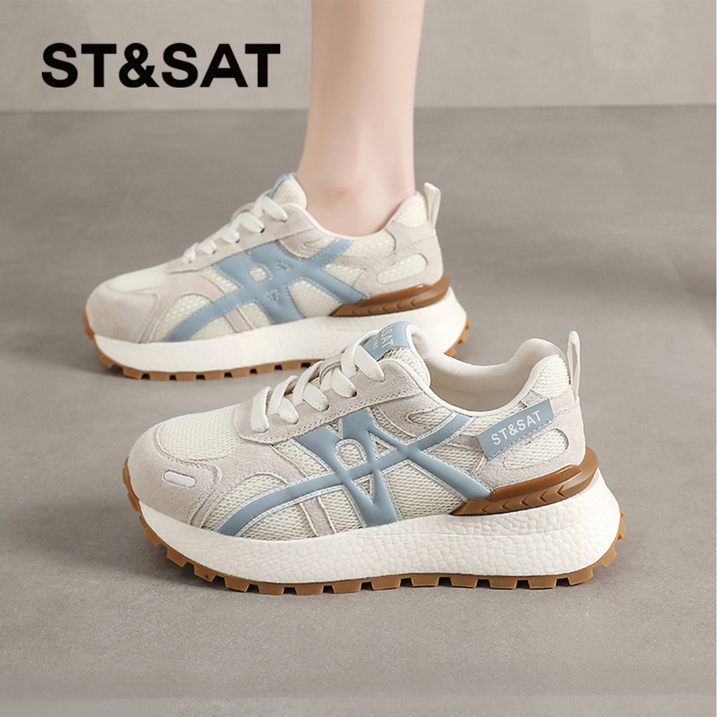 星期六撞色阿甘鞋女士2025秋季新款透气网面鞋复古小众运动德训鞋