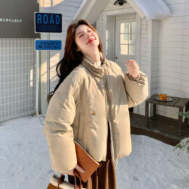 韩系花边立领羽绒服女2025冬季新款休闲百搭ins极简风穿搭面包服