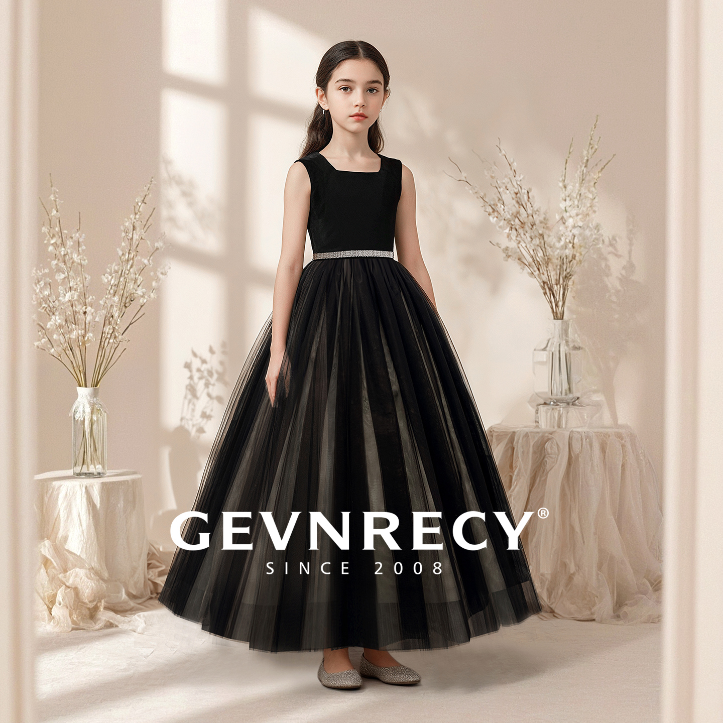 女童礼服黑色高端方领无袖儿童气质公主裙小女孩钢琴小提琴演出服