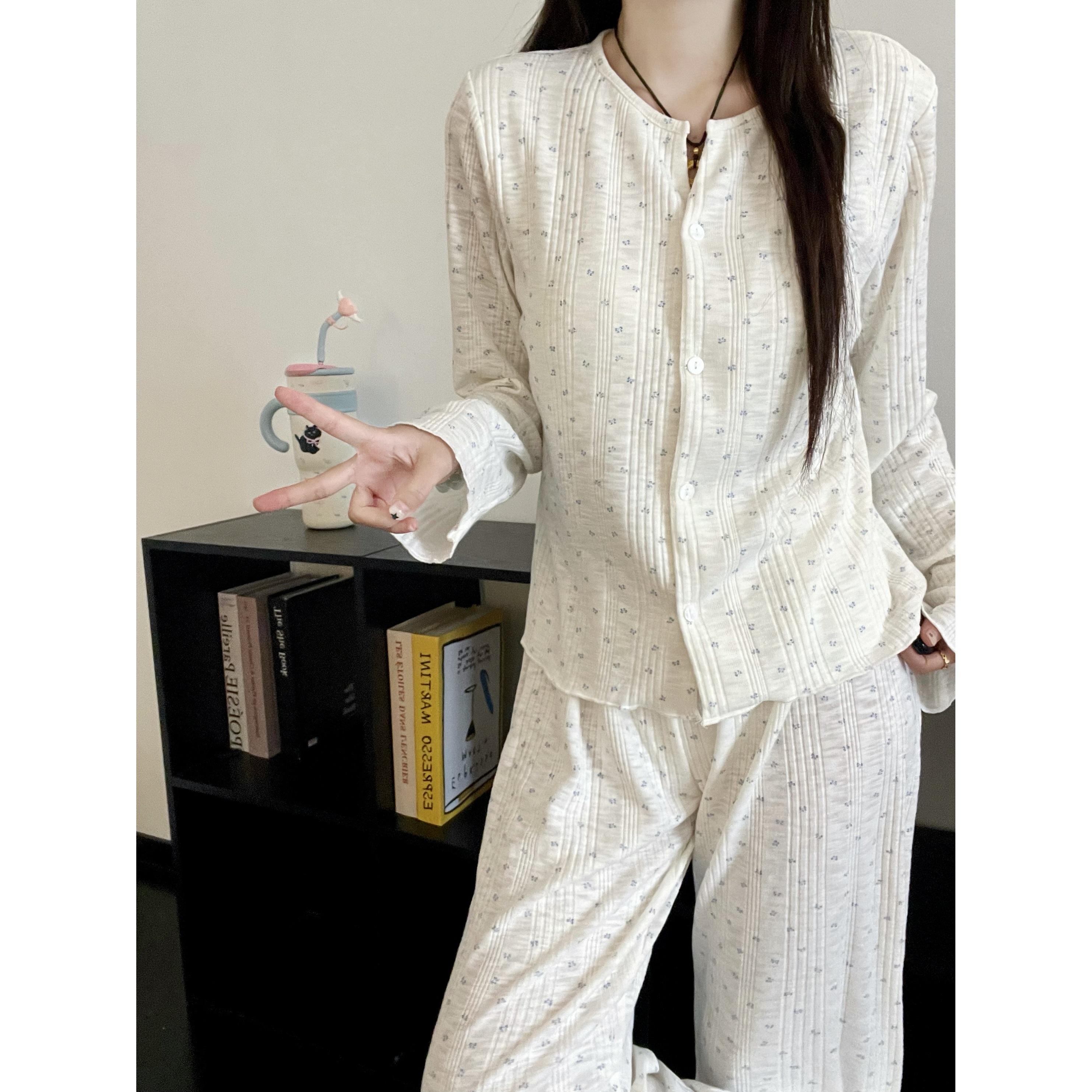 法式简约小清新碎花休闲睡衣女春秋新款长袖长裤可外穿家居服套装