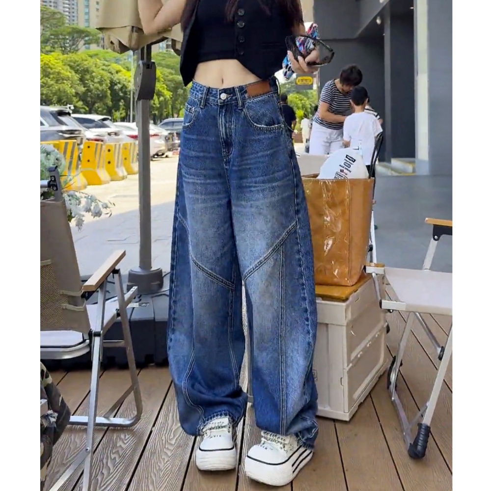 美式百搭宽松阔腿牛仔裤女2025秋季新款胖mm显瘦直筒弯刀老爹裤子