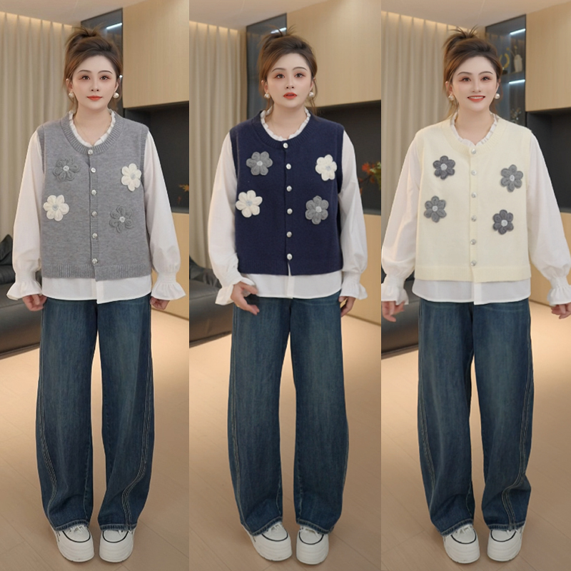 【胖佳佳】现货~向阳花 假两件长袖毛衣立体钩花针织衫H625Z15236