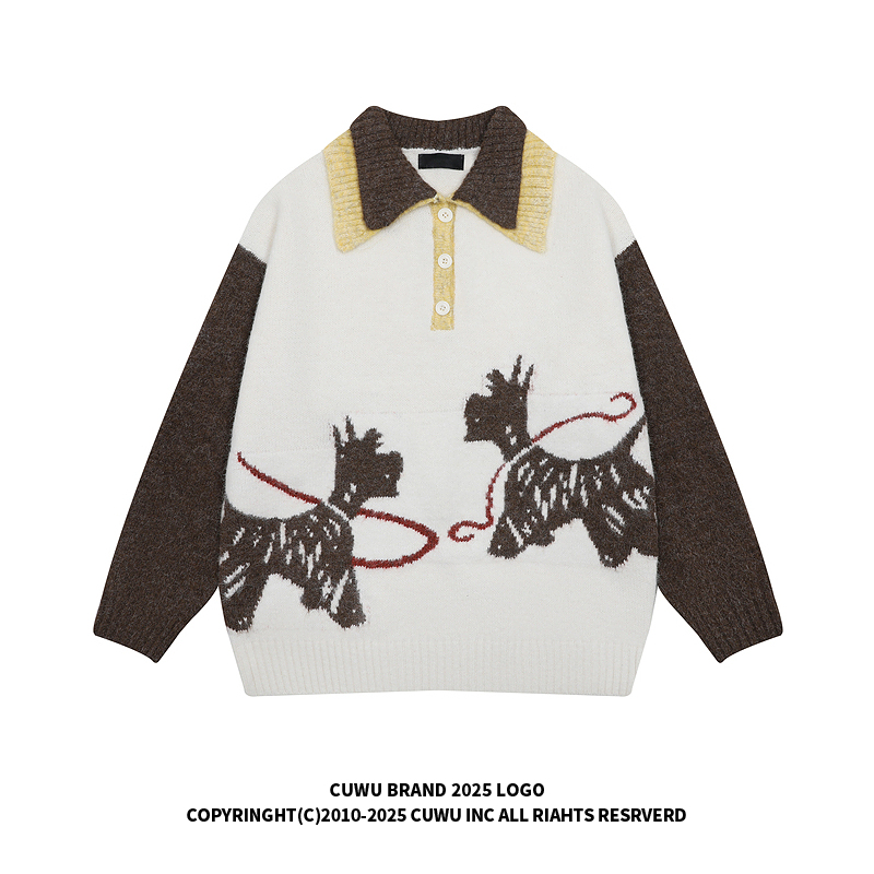 cuwu美式复古小狗提花撞色翻领毛衣女秋冬软糯慵懒宽松上衣