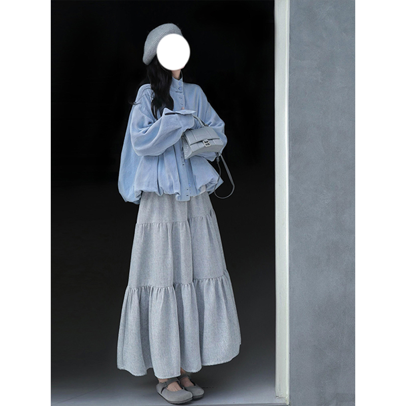 MARIE.COCO韩系两穿式格纹拼接花苞长袖外套女秋季休闲A字蛋糕裙