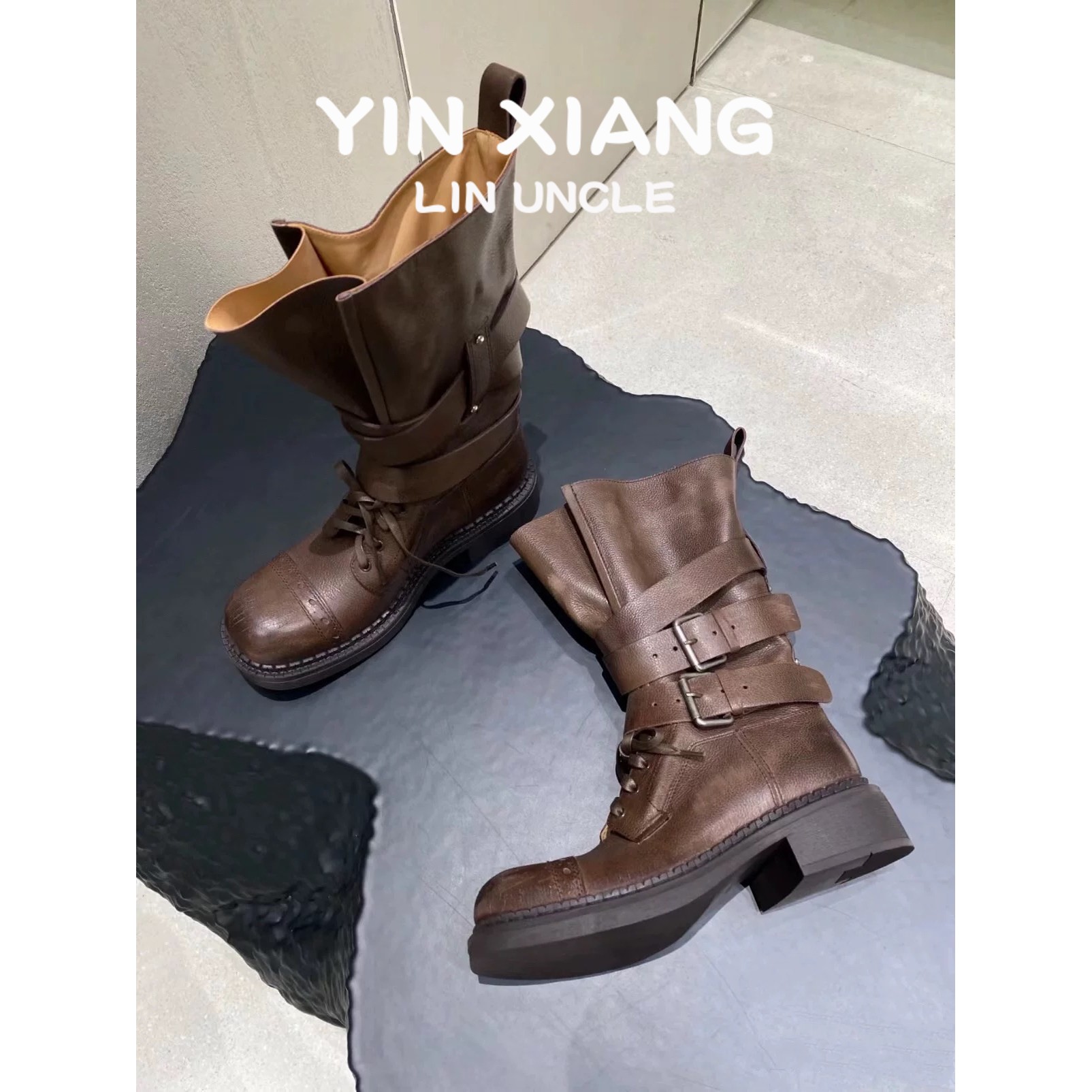 【万达撤柜】牛皮版~厚底粗跟擦色马丁靴女2025新款中筒皮带扣机车