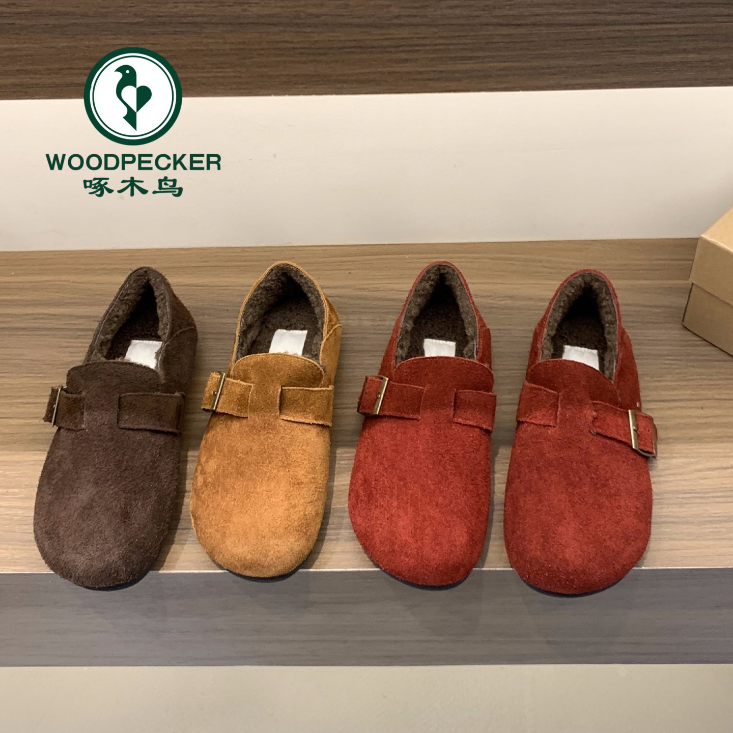 啄木鸟加绒全包复古勃肯鞋女2025冬新款一脚蹬毛毛鞋平底保暖棉鞋