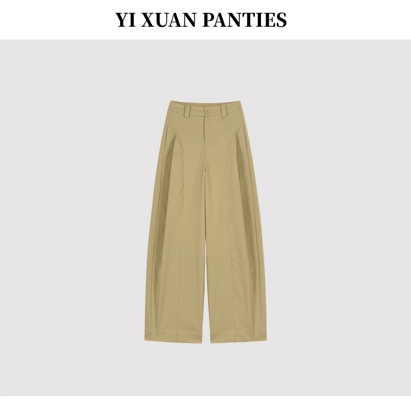 秋季新款宽松弯刀阔腿裤时尚女裤子潮流侧压褶休闲直筒裤纯色百搭