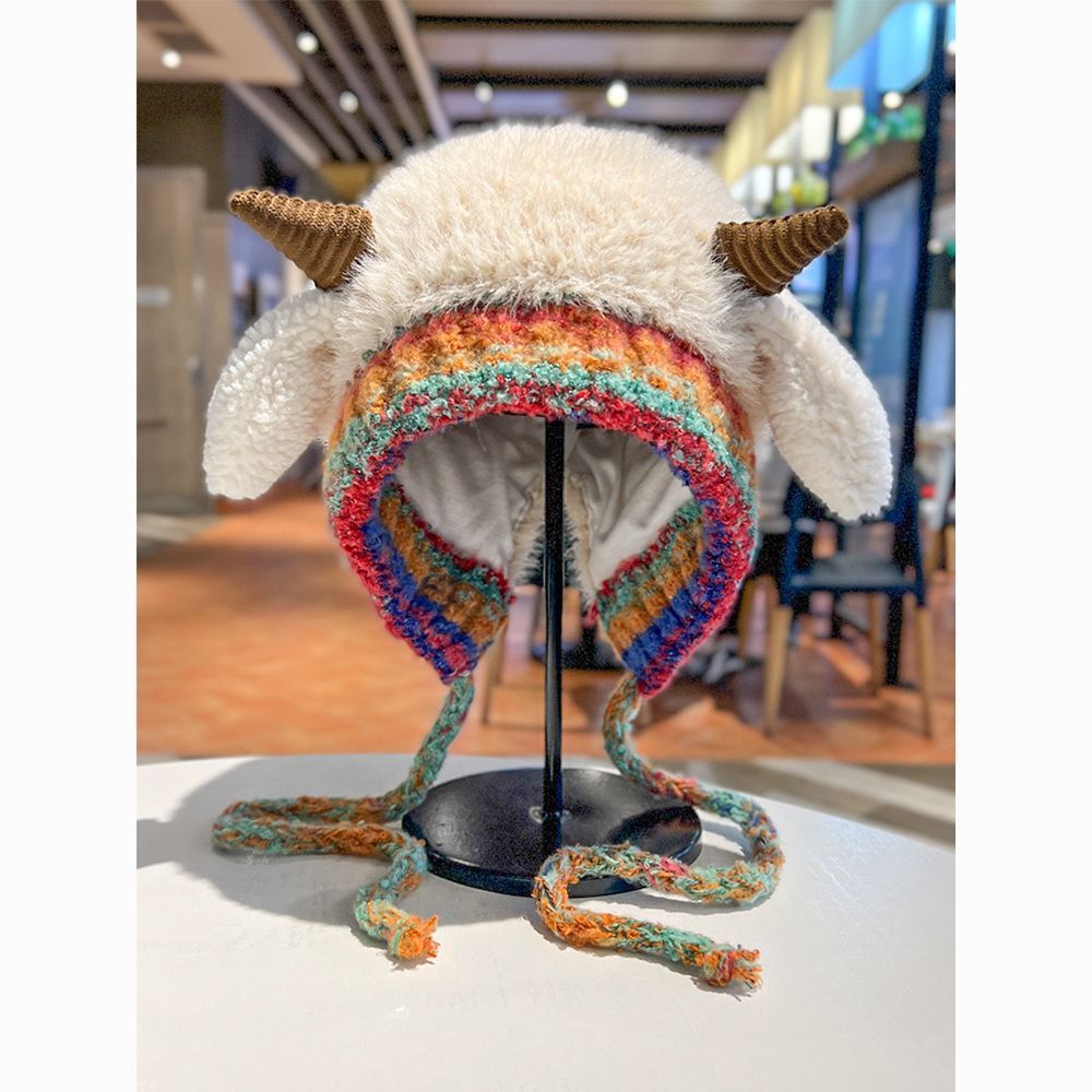 韩版可爱小羊毛绒帽子女秋冬季保暖绑带针织护耳帽百搭套头雷锋帽