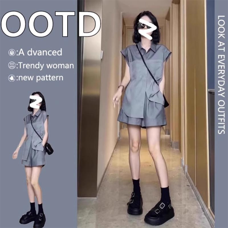 短袖短裤时尚套装小个子2025年夏装新款减龄衬衫两件套装女装洋气