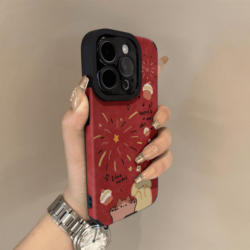 浪漫烟花猫咪适用苹果16手机壳创意华为荣耀小米14羊巴皮VIVO防摔