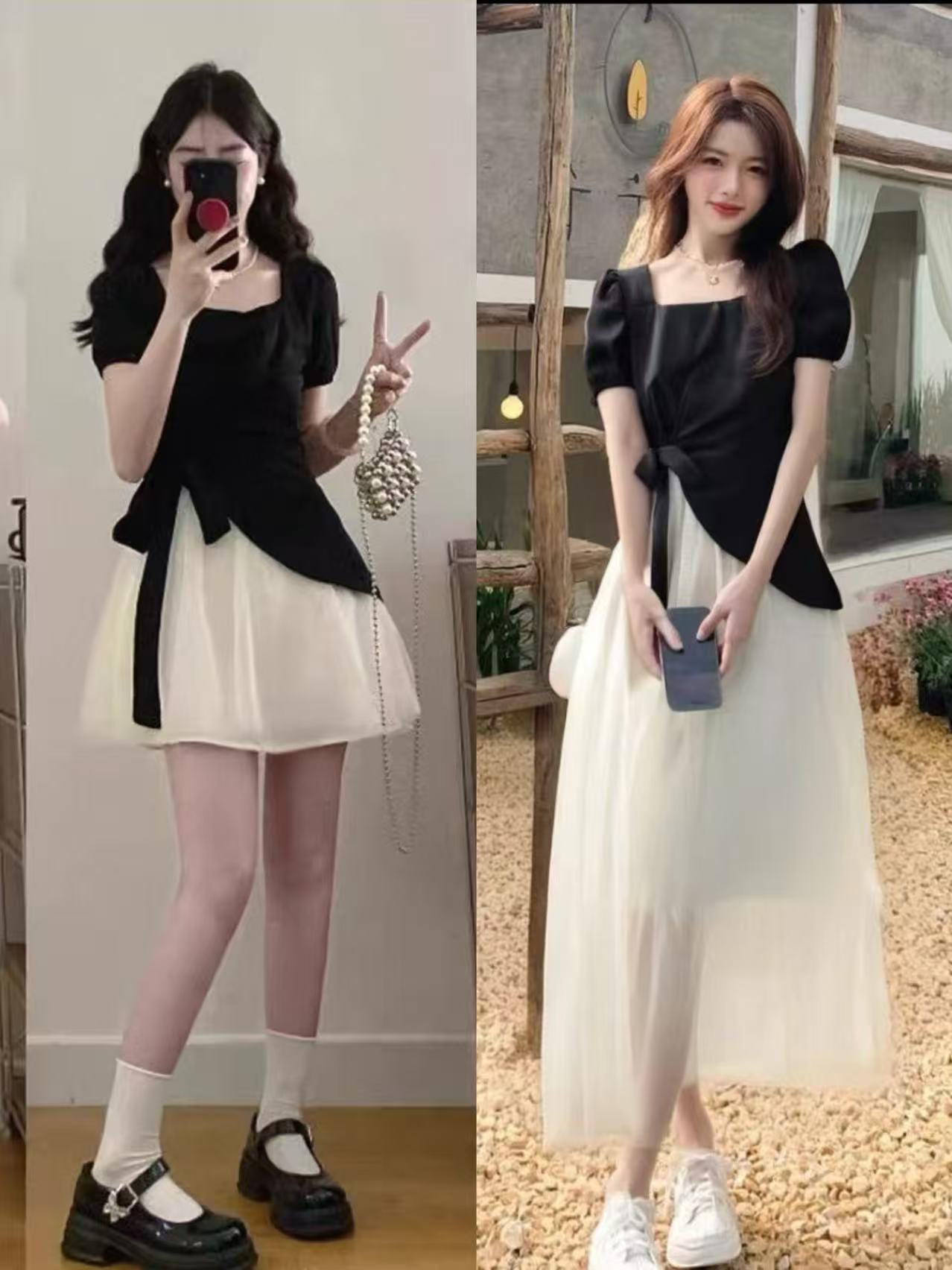 【莎莎】2025夏季撞色褶皱收腰设计感裙气质轻奢时尚连衣裙D1662