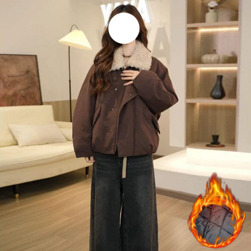 2025秋冬季新款女士韩版领拼接加绒加厚派克服宽松显瘦保暖外套