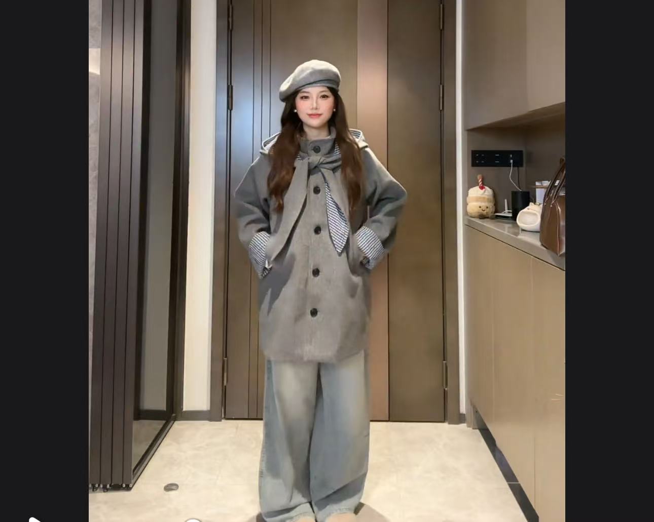 中长款韩版呢大衣秋季学院风厚款拼接毛呢外套连帽