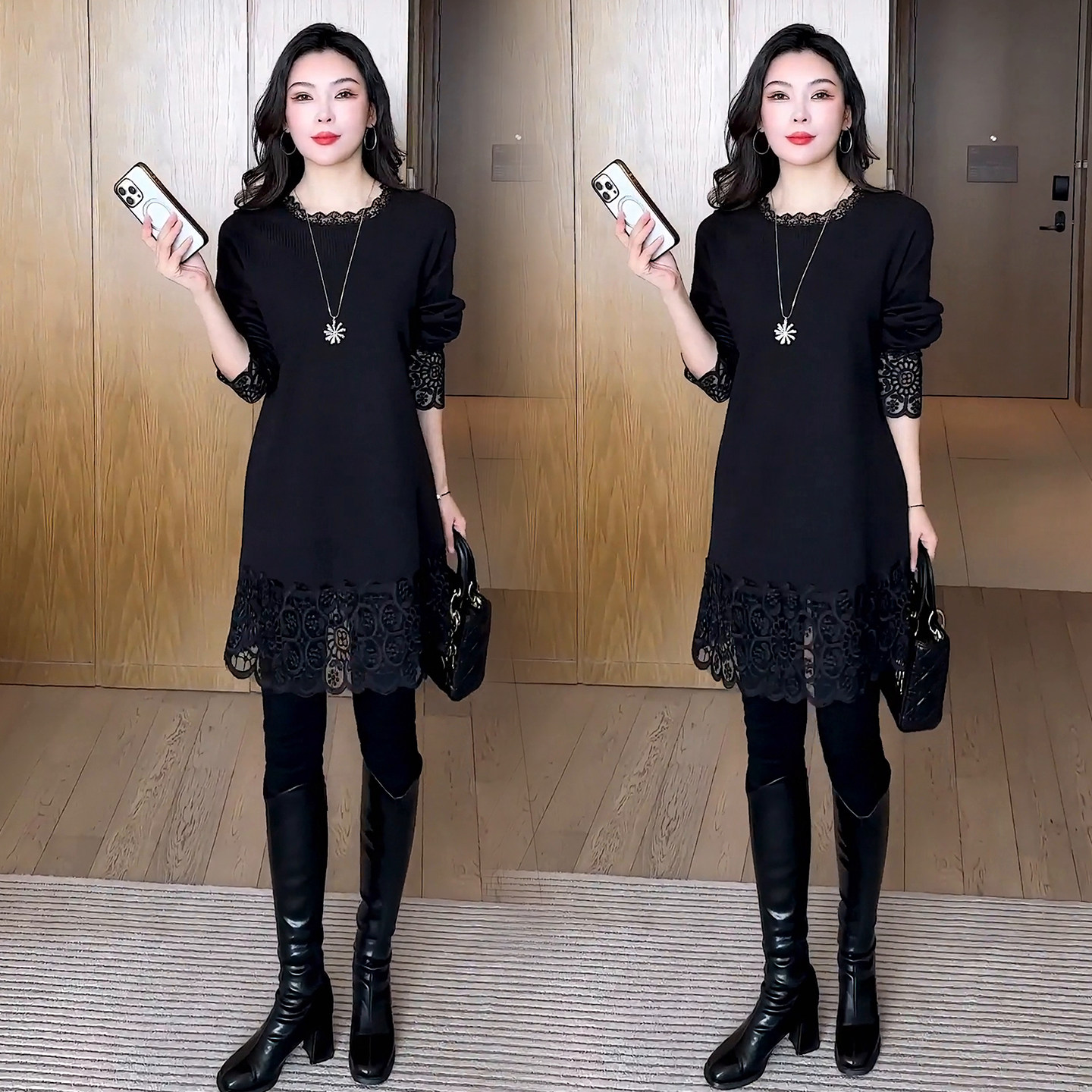 时尚中长款拼接蕾丝针织衫2025秋冬新款洋气修身蕾丝衫显瘦打底衫