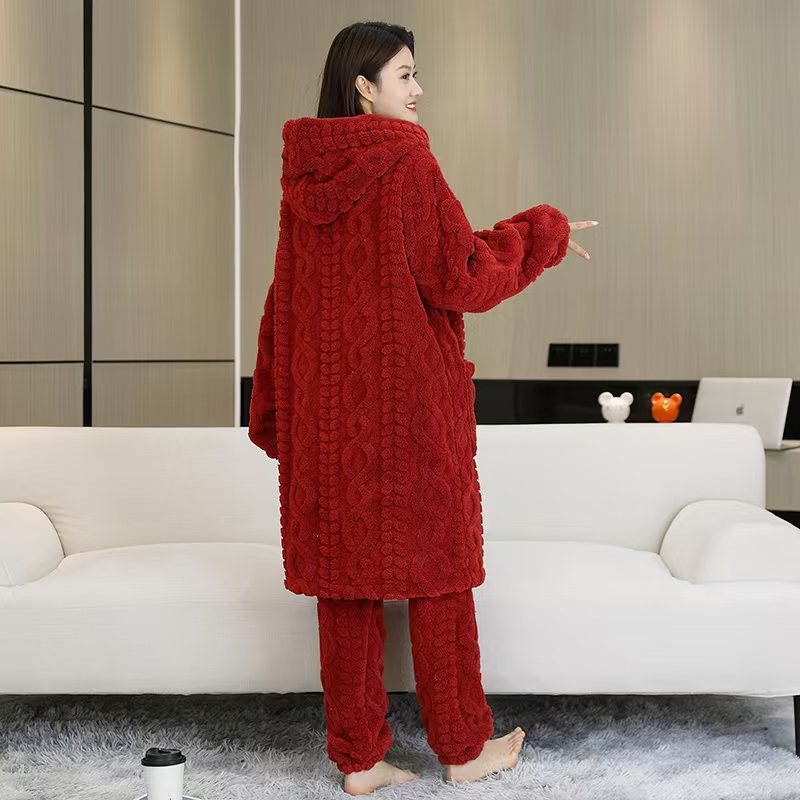 2025年冬季女士中长款加绒加厚连帽大码套装睡衣外穿睡衣家居套装