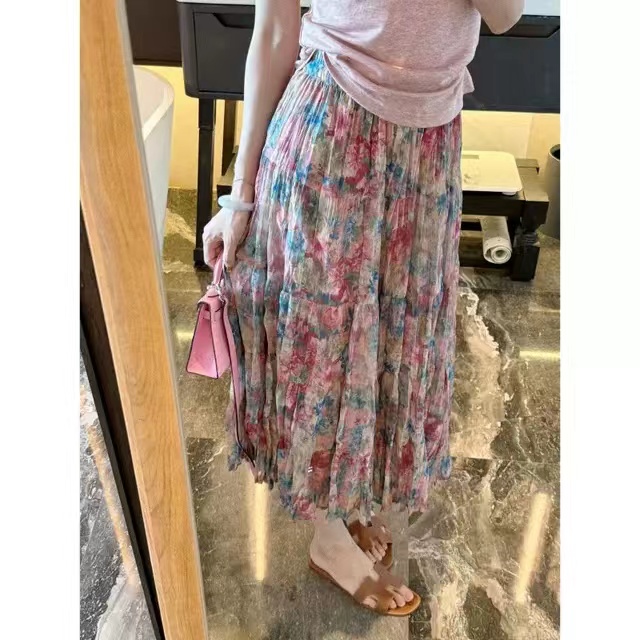 法式温柔褶皱温柔甜美垂感中长款高腰气质显瘦早秋碎花半身裙