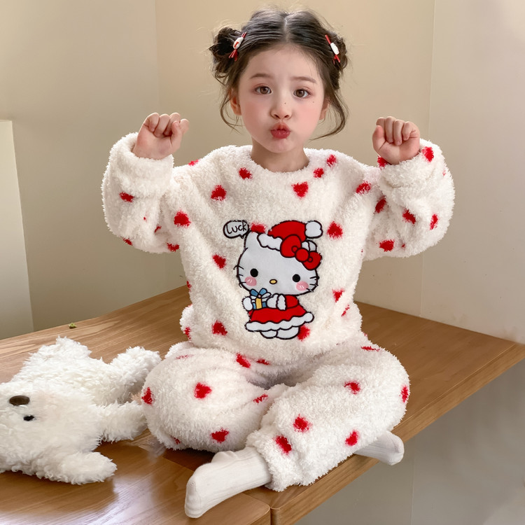 女童珊瑚绒睡衣秋冬款儿童女孩宝宝法兰绒分体套装卡通KT猫家居服