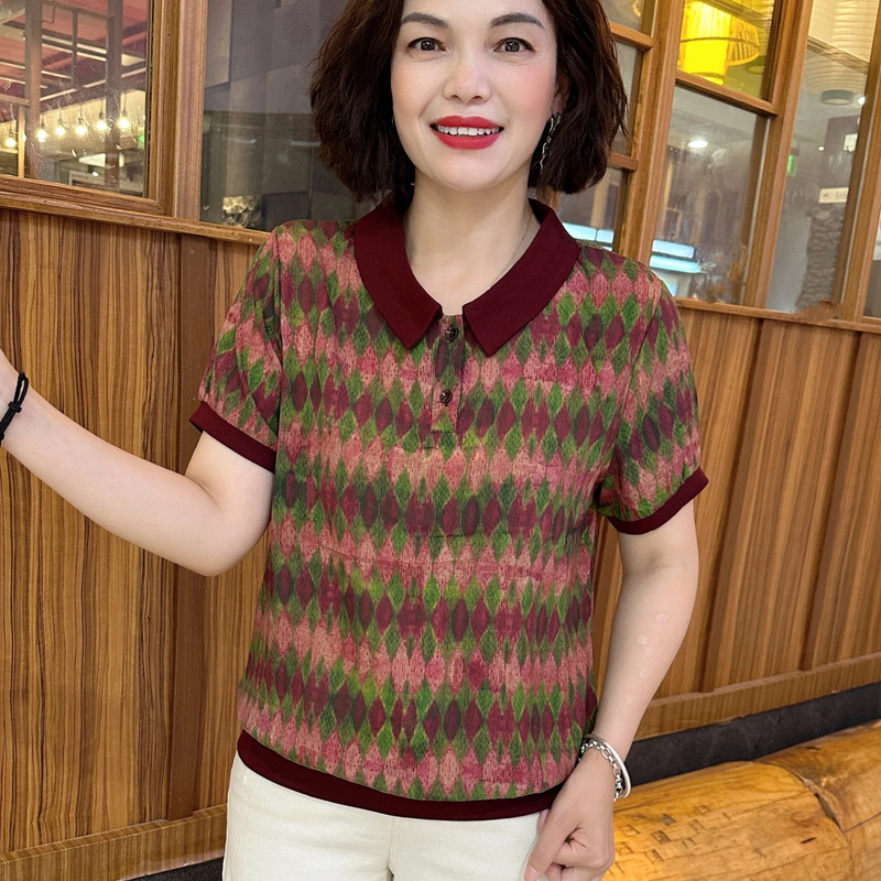 夏季新款娃娃领精致印花中老年气质妈妈装显瘦百搭薄款短袖 X5678