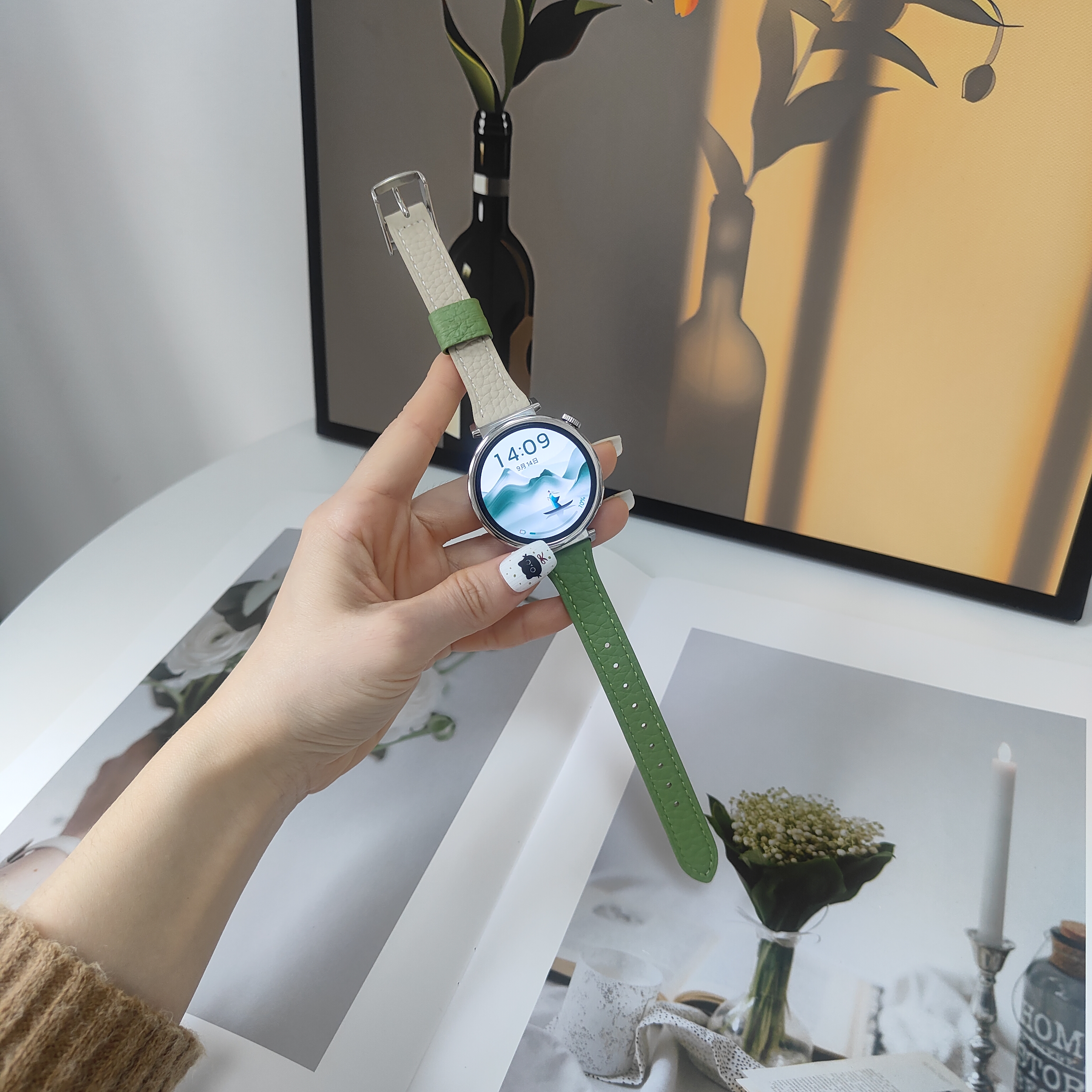 牛皮拼色适用华为gt5表带watch4真皮gt5女士GT2新watch5细款18mm