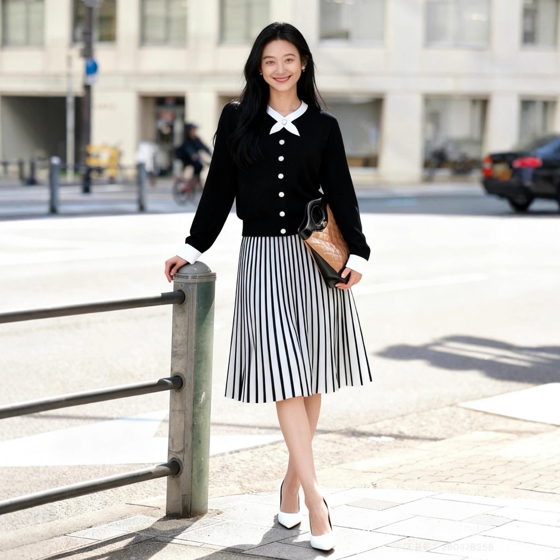 小香风撞色黑白风琴百褶职业套装针织衫显瘦长袖通勤复古套裙2168