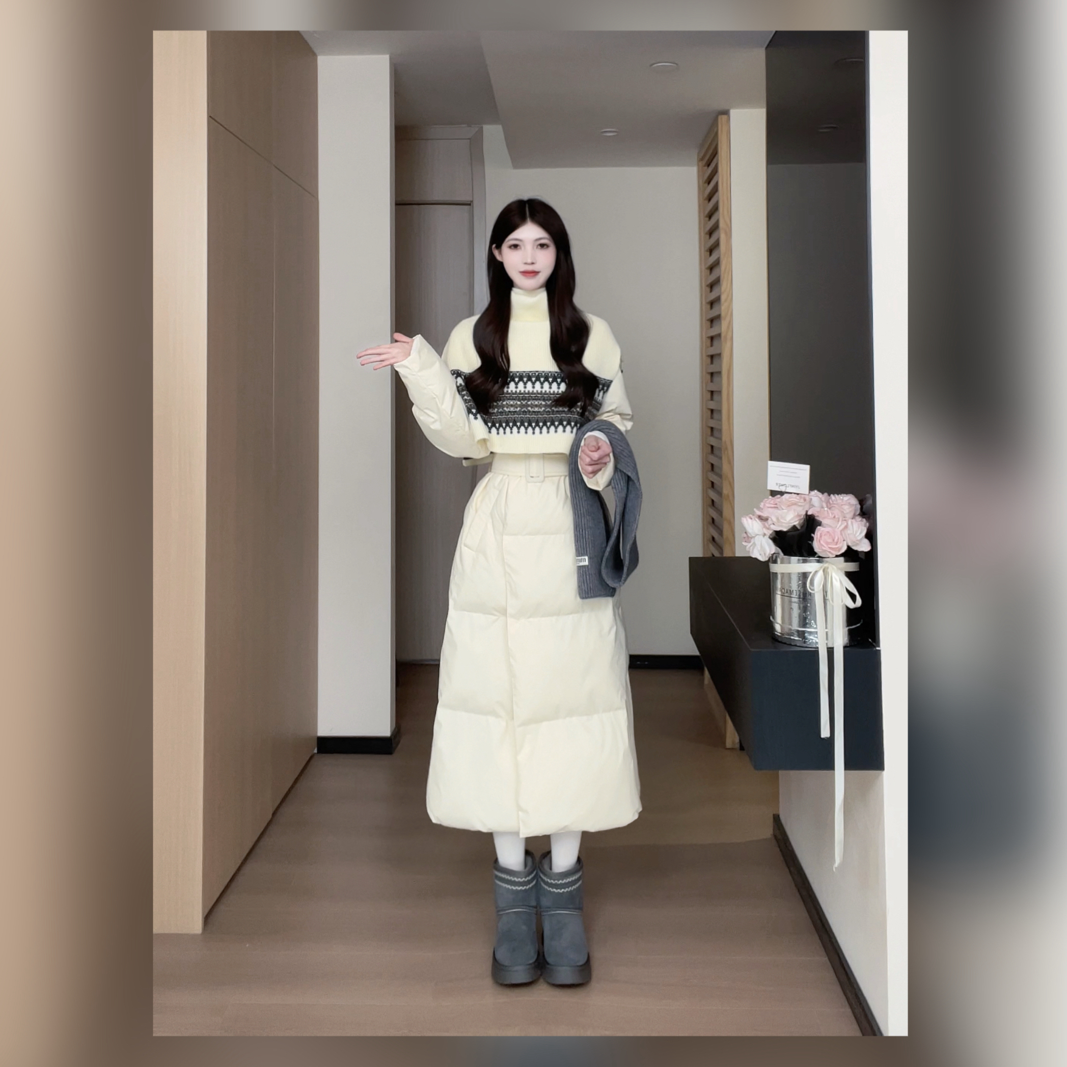 松本丧丧奶油白披肩针织拼接棉服设计收腰长款保暖外套B254F0037