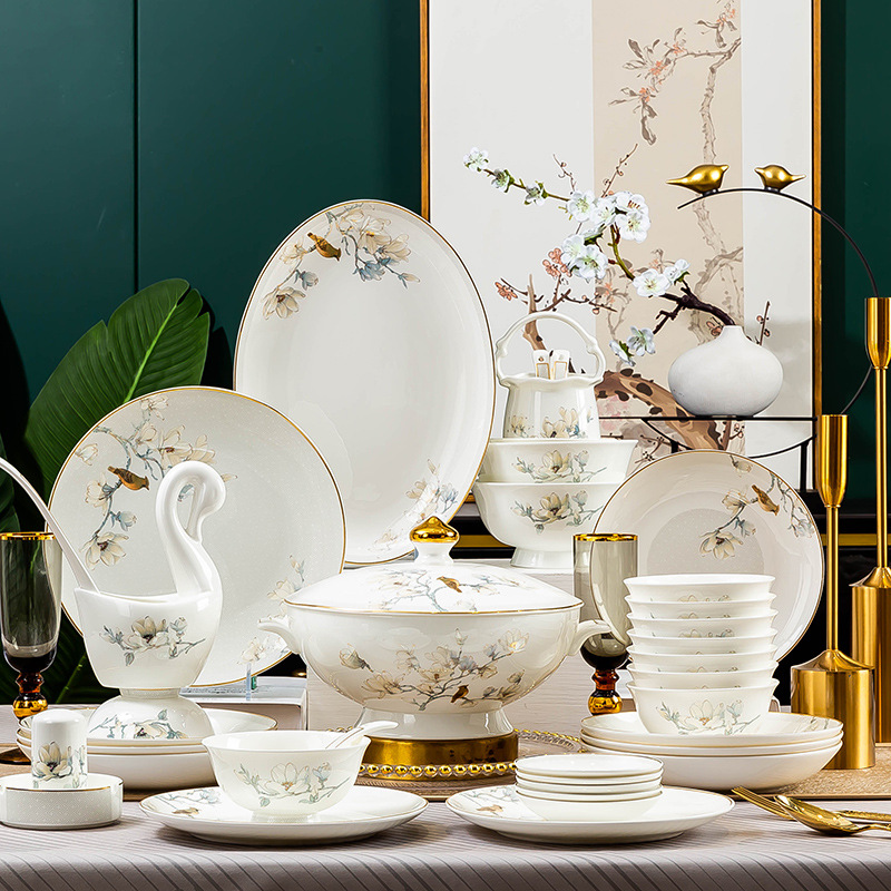 繁华似锦60件景德镇骨质瓷陶瓷餐具碗碟盘组合装套装乔迁新居家用