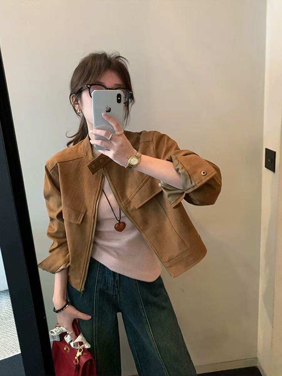 咖色美拉德短款女2025春秋新款高级感百搭小个子短款绒皮外套韩版