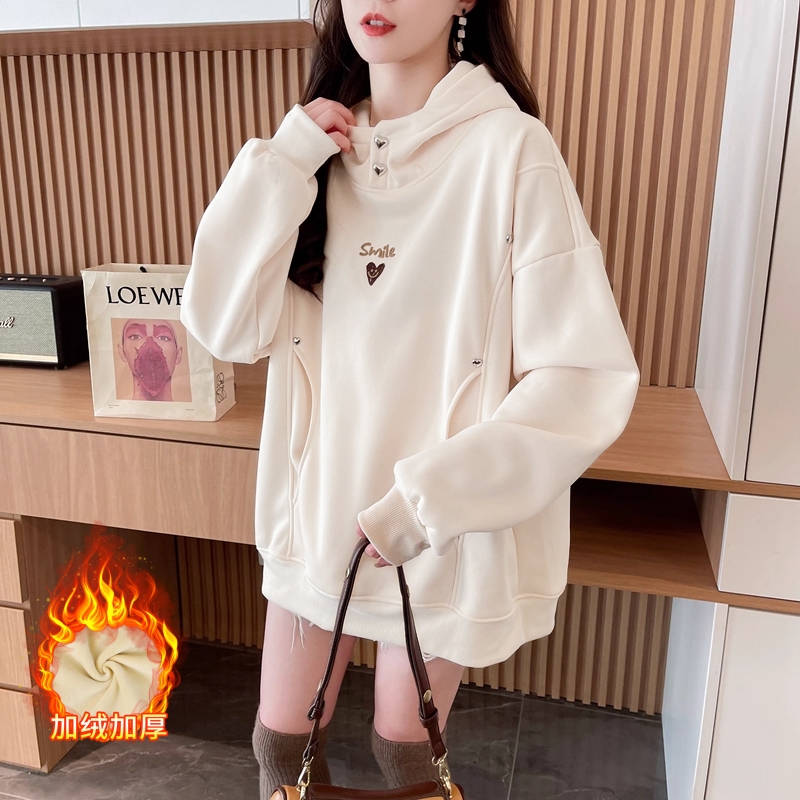新款时尚减龄小个子保暖加绒加厚连帽卫衣女气质显瘦上衣2025冬款