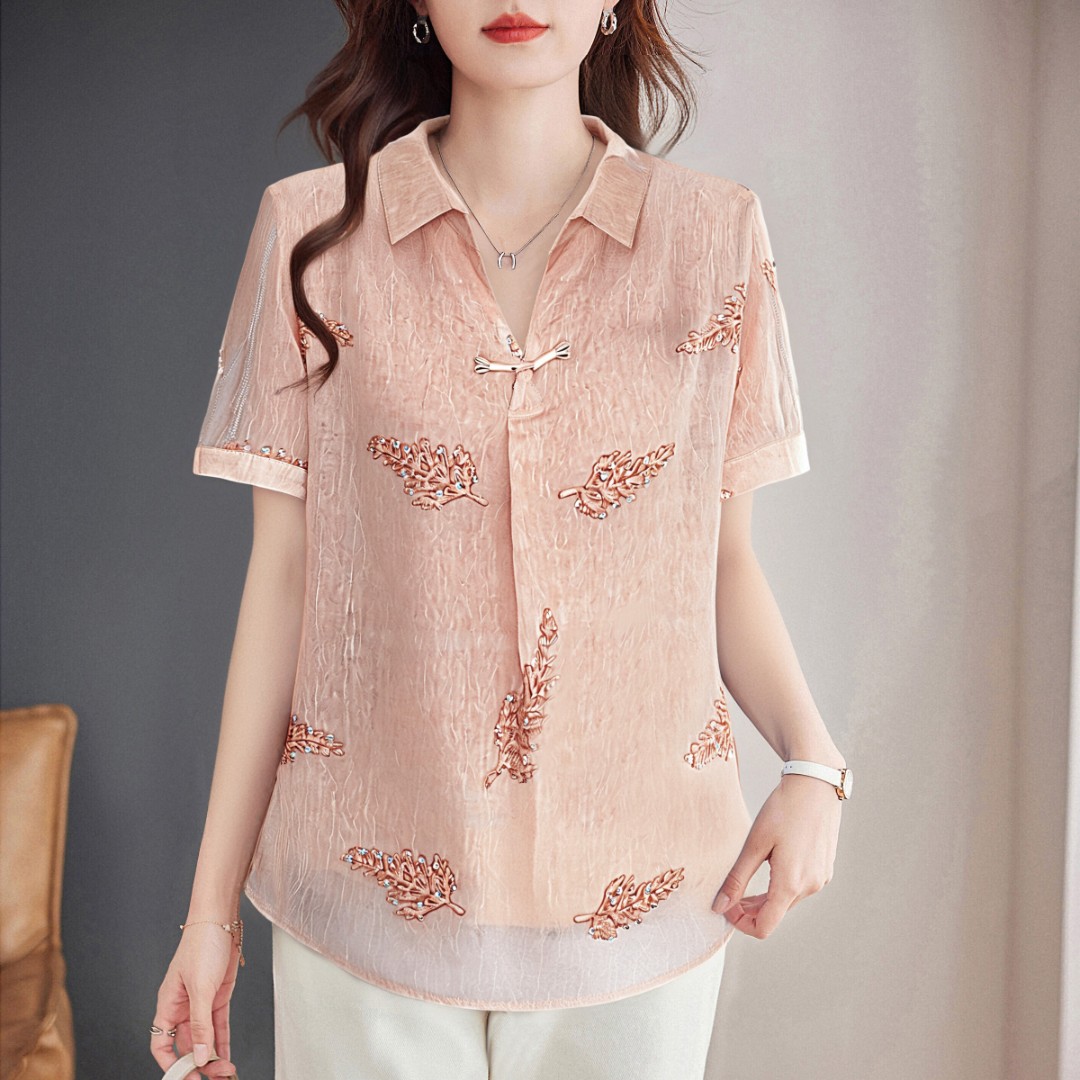 中长款短袖女士雪纺衫夏季大码减龄洋气小衫新款翻领宽松显瘦上衣