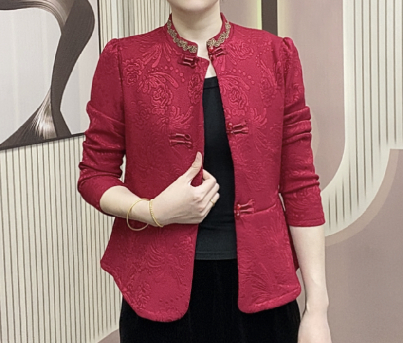 2025春季新款立领提花盘扣女长袖外套洋气时尚修身百搭显瘦上衣