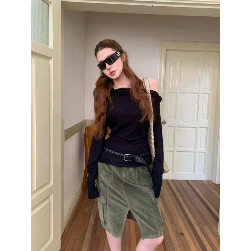 高级感修身黑色斜领露肩长袖T恤女秋季复古新款不规则气质半身裙