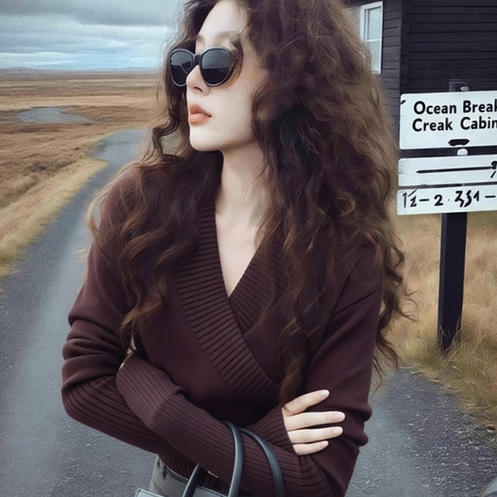 Y404咖色赫本交叉v领毛衣女冬季设计感收腰显瘦气质针织衫上衣