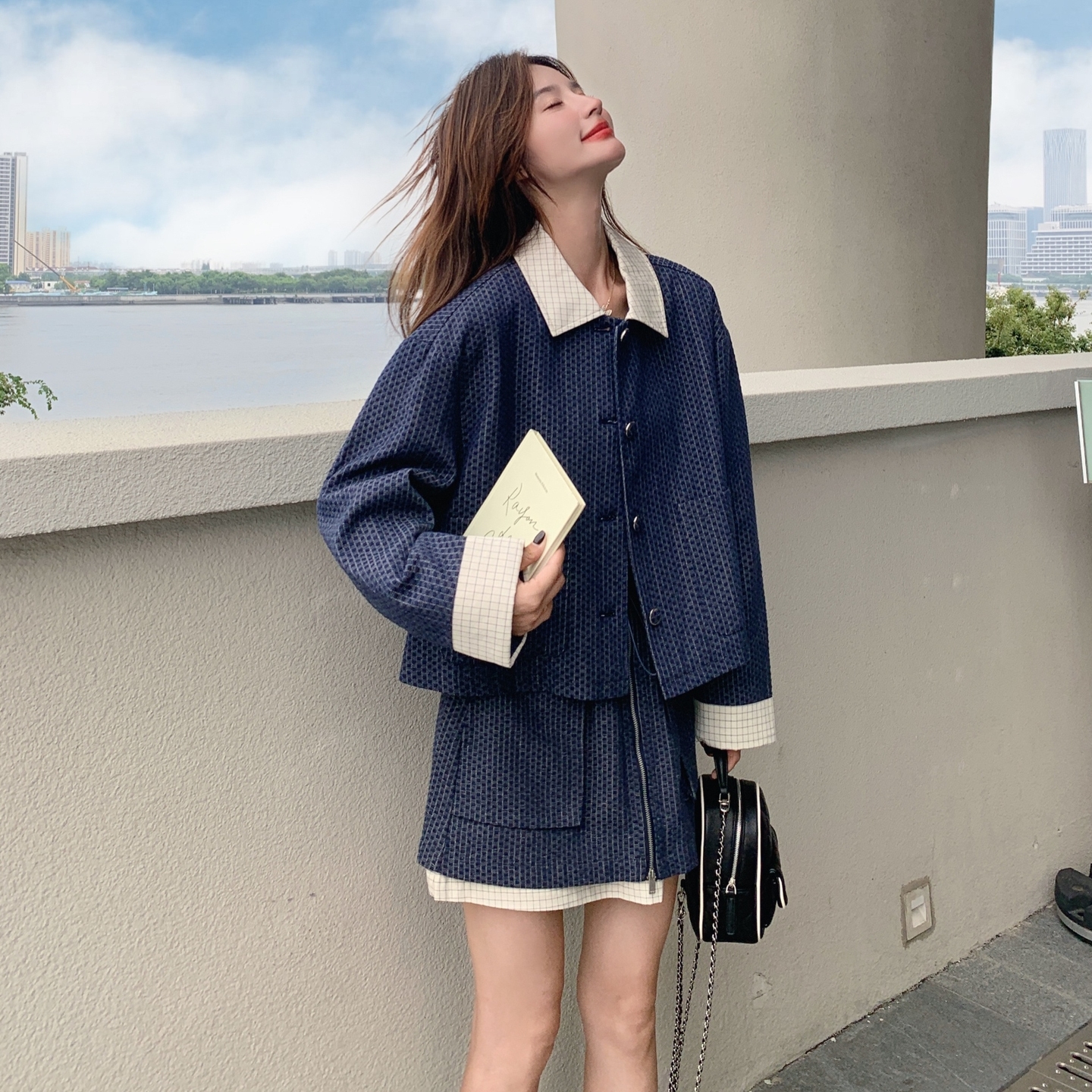 老钱风气质小众套装裙女2025秋季新款时尚格纹拼接外套短裙两件套