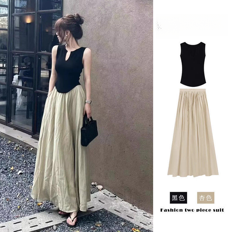 黑色宽松法式显瘦卡卡女装穿搭一整套慵懒百搭夏季+v领百褶