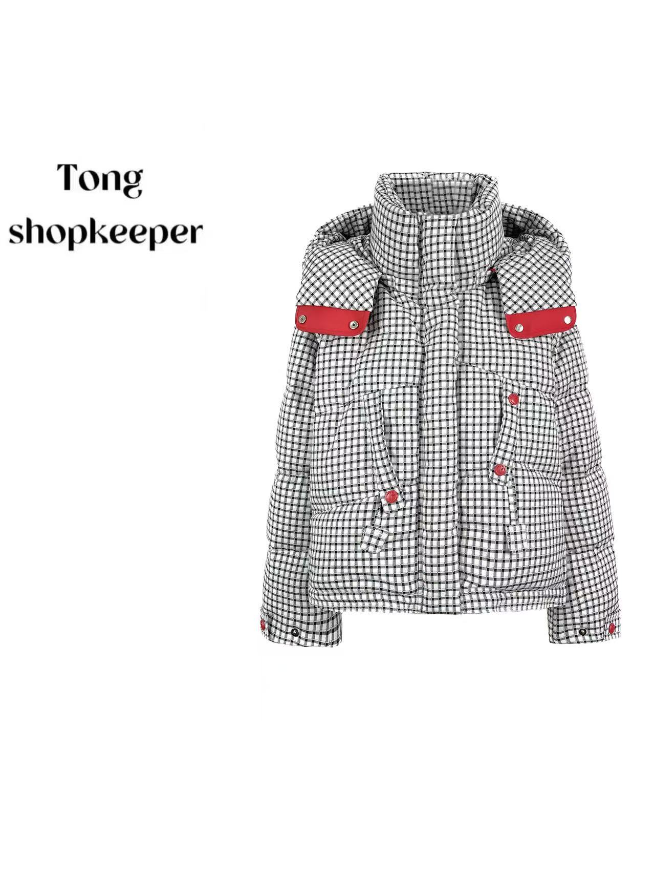 QJ/彤掌柜1682757 冬季25白鸭绒经典格纹撞色防寒连帽保暖羽绒服