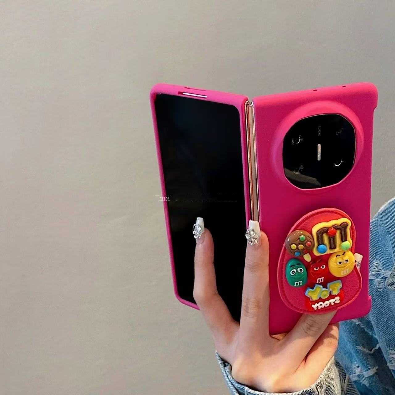 M豆皮质支架适用华为matex6折叠屏手机壳OPPOFINDN5玫红肤感硬壳