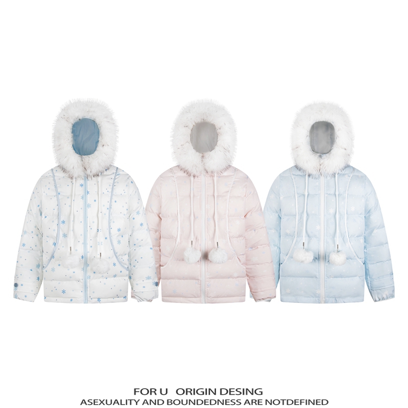 FOR U 原创国潮美式复古满印雪花棉服撞色小众设计感显瘦保暖外套