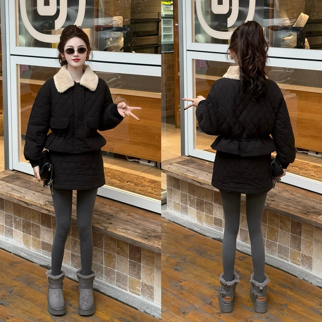 小个子显瘦小香风棉秋冬季新款加厚毛领外套半身裙两件套