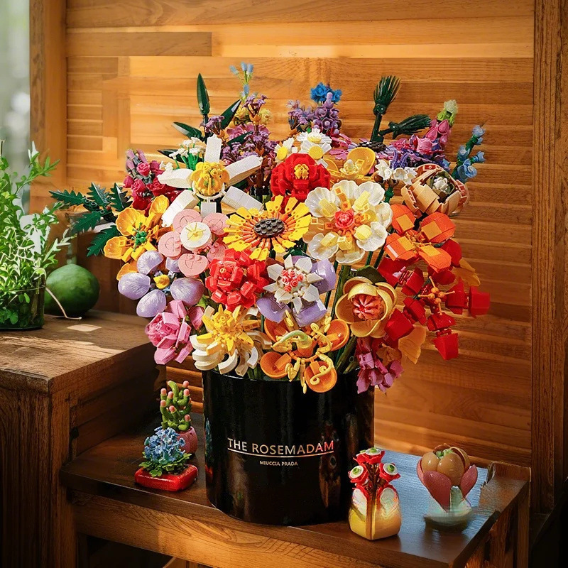 基础积木花朵拼装套装鲜花一整套花束玩具女孩生日DIY女生摆件ins