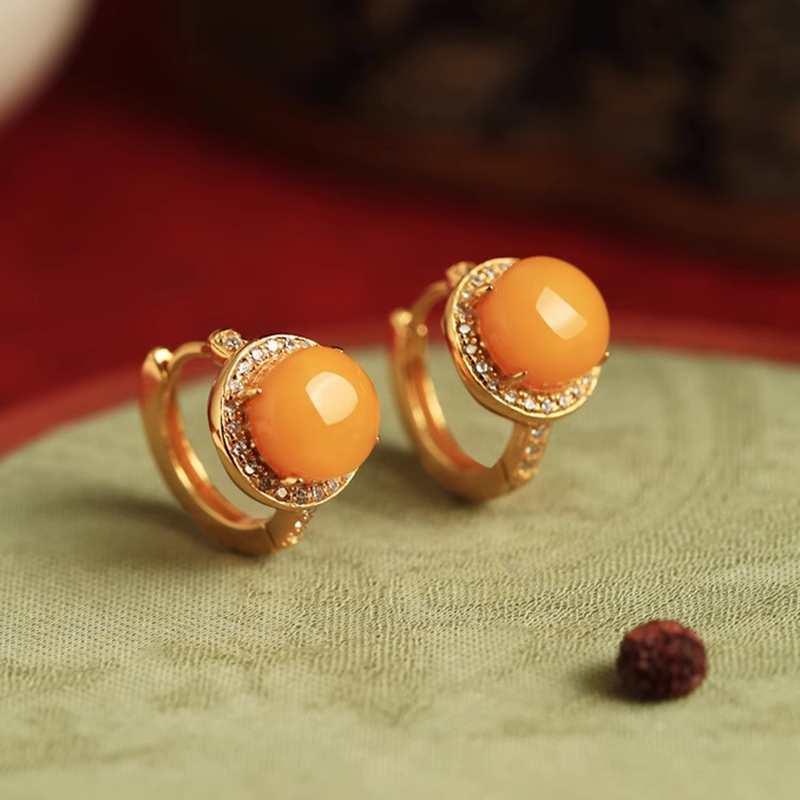 小银匠S925银蜜蜡圆形耳扣几何简约时尚复古气质优雅银耳环耳饰