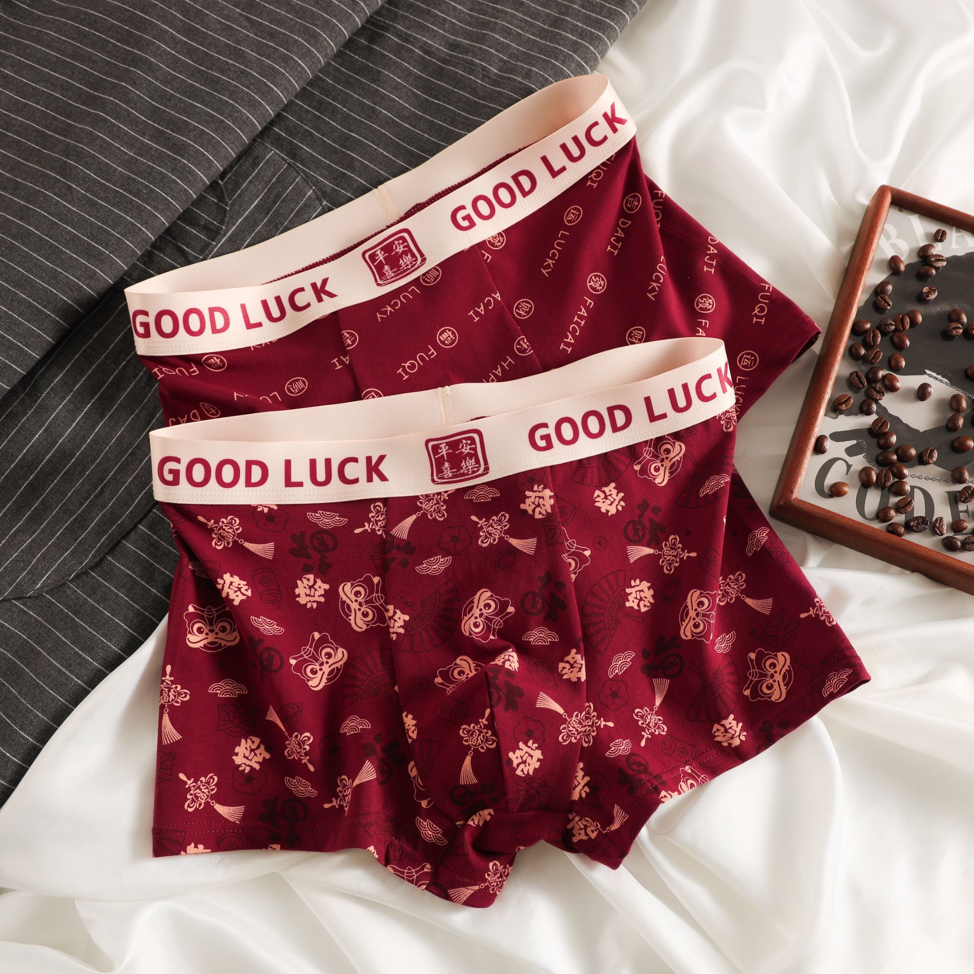 GOODLUCK喜庆男士内裤棉质酒红色平角裤个性吉言平角裤内裤男款