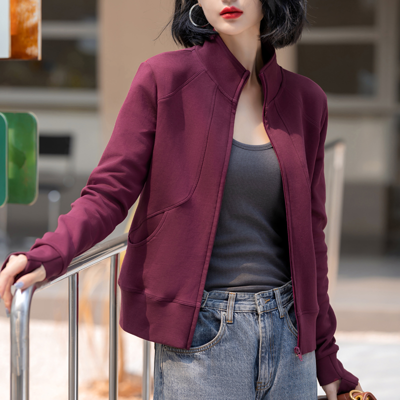 欧货秋装2025美式正肩大码运动休闲立领空气棉卫衣开衫外套上衣女