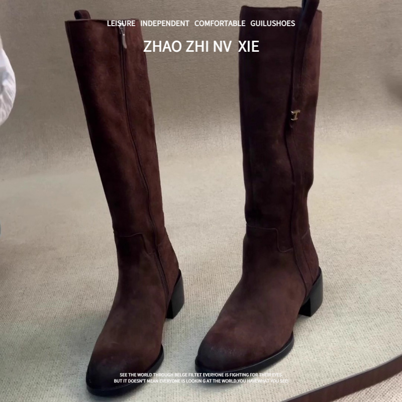 羊皮版~2025秋冬新款美拉德风复古长筒靴女粗跟侧拉链显瘦高级感