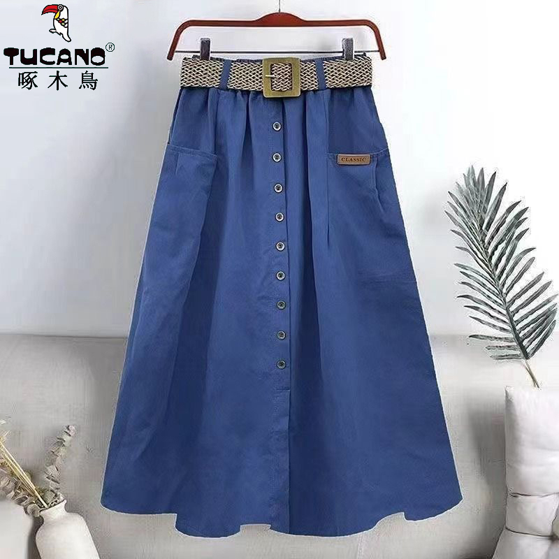 啄木鸟纯棉夏季松紧高腰休闲半身裙气质洋气显瘦遮肉百搭A字裙子