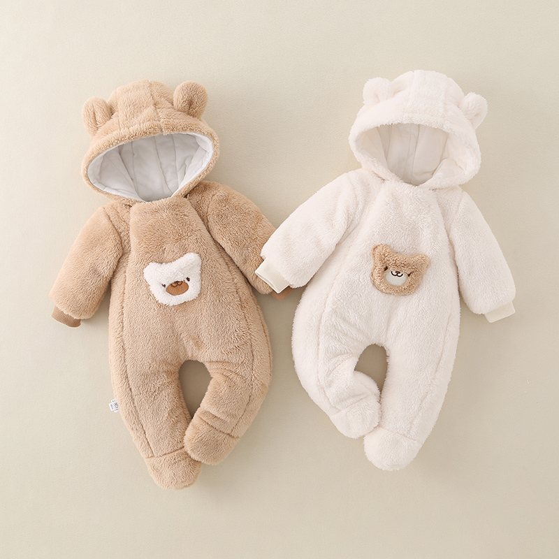 婴儿包脚棉衣可爱小熊法兰绒加厚连帽爬爬服秋冬外出保暖爬服哈衣