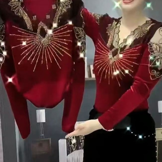 新款烫钻V领打底衫女修身洋气镂空性感长袖02