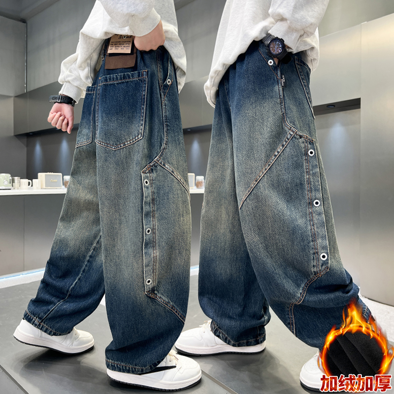 男童一体绒牛仔裤秋冬款2025新款儿童冬装加绒裤子大童冬季休闲裤