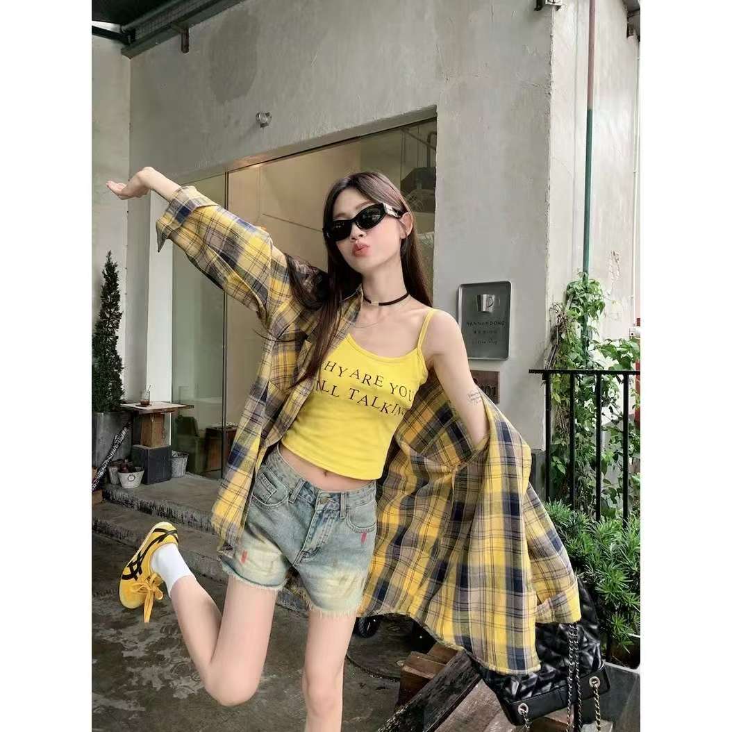 美式复古姜黄格纹长袖翻领衬衫女秋季新款宽松休闲慵懒外套衬衣潮